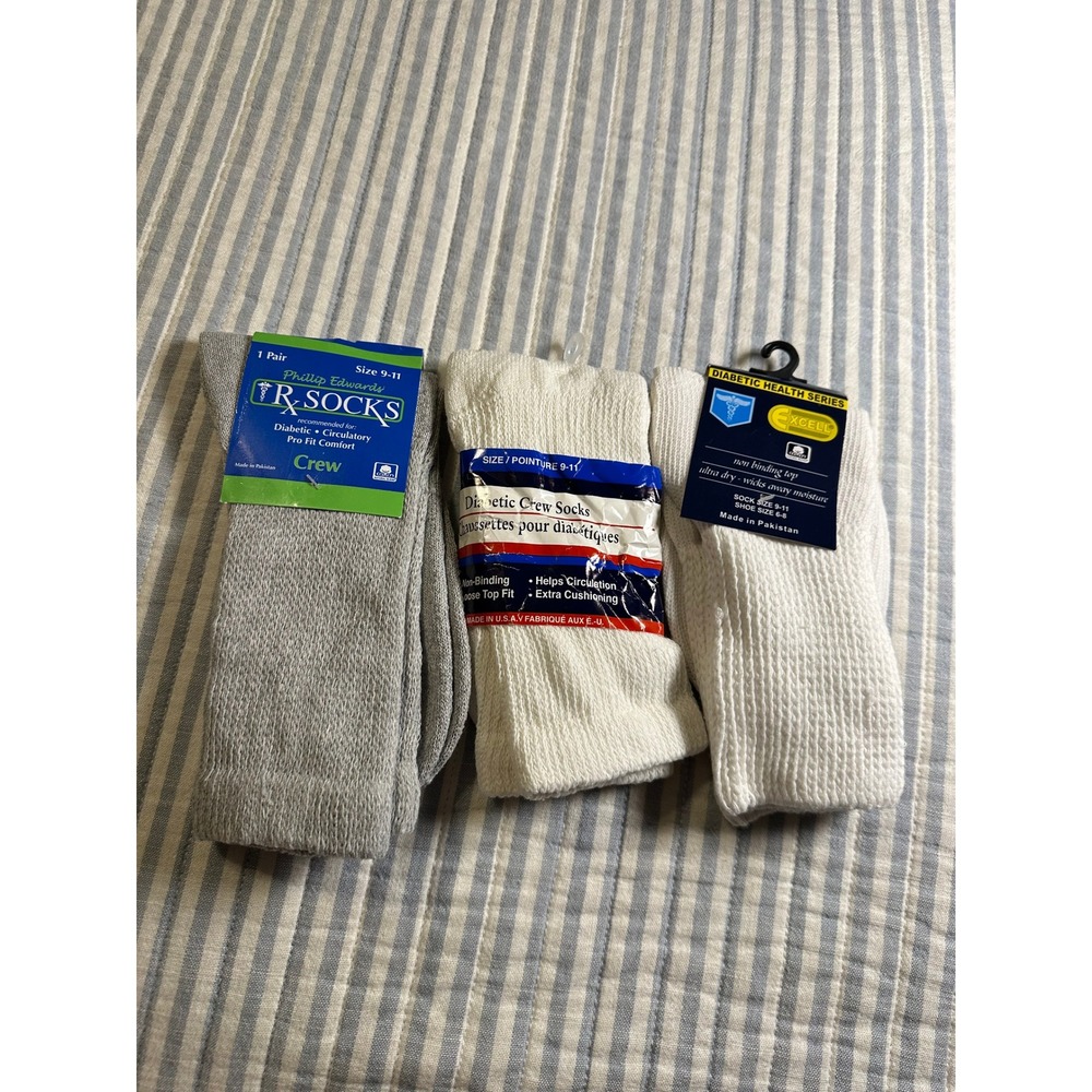 Phillip Edwards Excell Diabetic Crew Socks 3 Pair Bundle Grey White Size 9-11